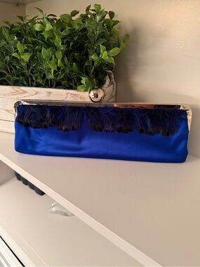 Kate Spade Royal Blue Satin Evening Clutch w/ Silver Ball Latch & Feather Trim